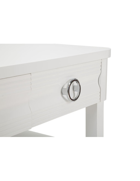 Table basse moderne Rectangulaire 2 tiroirs 1 étagère en Bois de sapin Blanc Métal Argenté Shine 