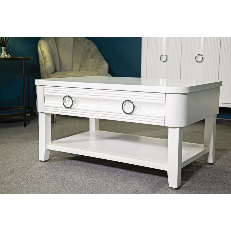 Table basse moderne Rectangulaire 2 tiroirs 1 étagère en Bois de sapin Blanc Métal Argenté Shine 