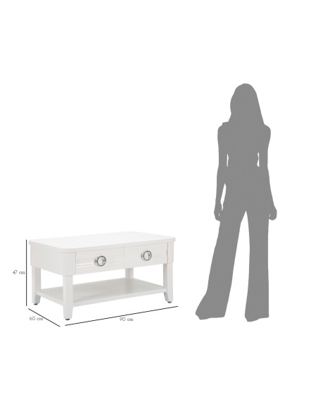 Table basse moderne Rectangulaire 2 tiroirs 1 étagère en Bois de sapin Blanc Métal Argenté Shine 