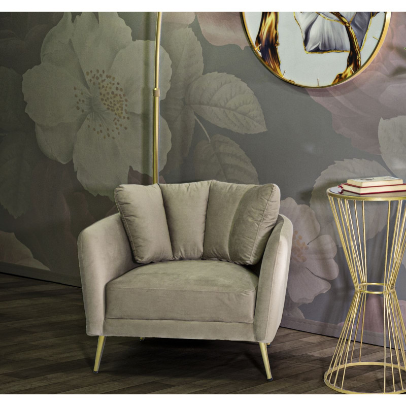 Fauteuil original en Velours Gris Métal Doré Bois d'eucalyptus Kiev 