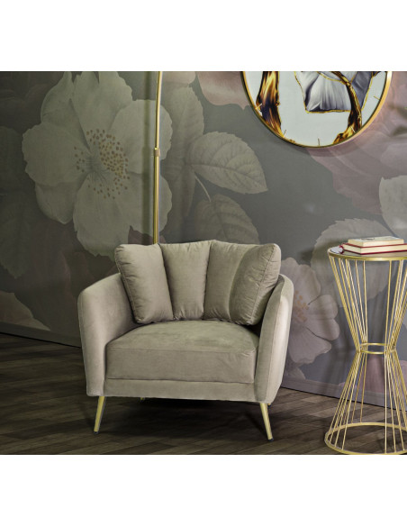 Fauteuil original en Velours Gris Métal Doré Bois d'eucalyptus Kiev 