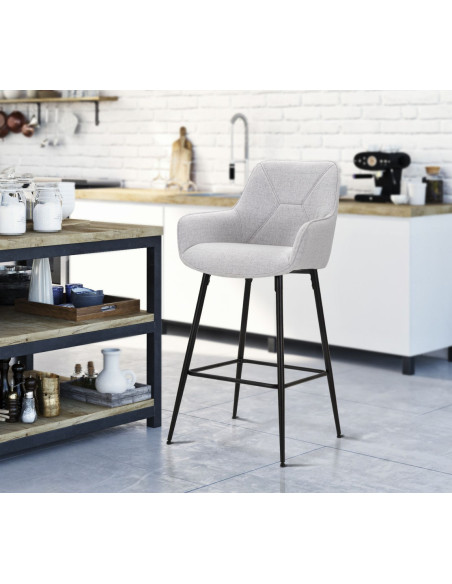 Tabouret de bar moderne avec dossier en Tissu Gris Métal Noir Vincenza (Lot de 2) 