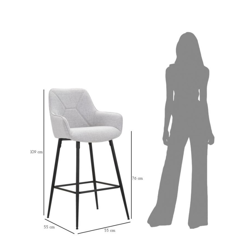 Tabouret de bar moderne avec dossier en Tissu Gris Métal Noir Vincenza (Lot de 2) 