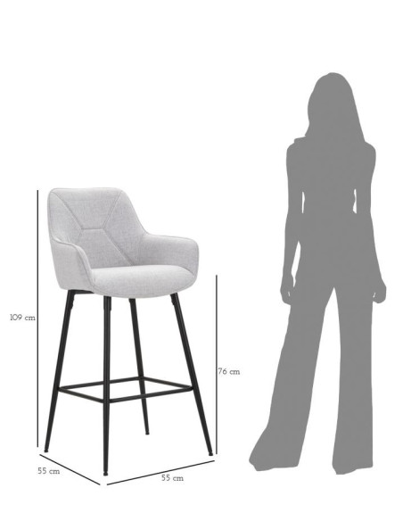 Tabouret de bar moderne avec dossier en Tissu Gris Métal Noir Vincenza (Lot de 2) 