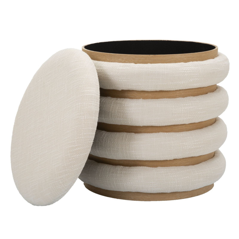 Pouf original Coffre de rangement Rond en Tissu Beige Bois Naturel Nicolo 