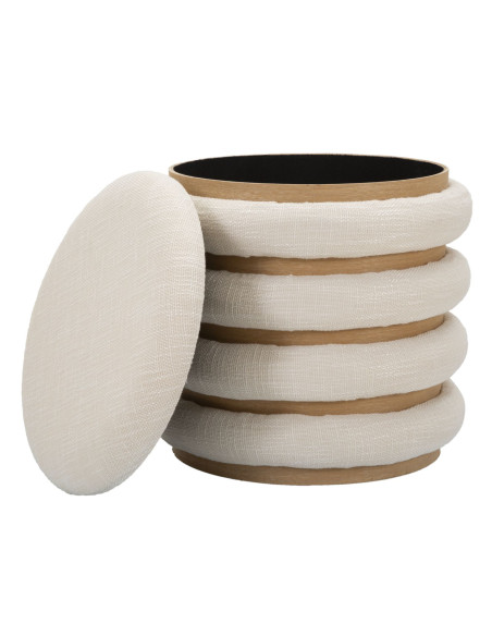 Pouf original Coffre de rangement Rond en Tissu Beige Bois Naturel Nicolo 