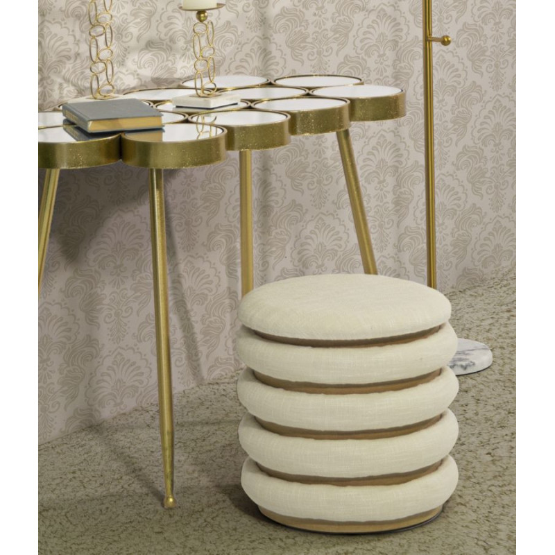 Pouf original Coffre de rangement Rond en Tissu Beige Bois Naturel Nicolo 