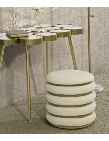 Pouf original Coffre de rangement Rond en Tissu Beige Bois Naturel Nicolo 