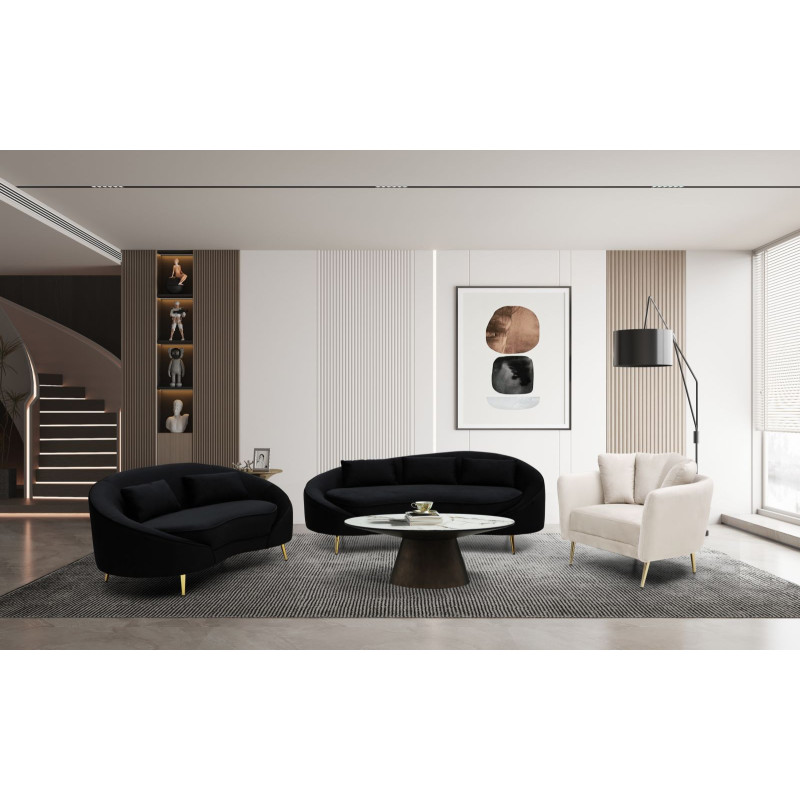 Canapé moderne Arrondi 3 places en Velours Noir Métal Doré Bois d'eucalyptus Oslo 