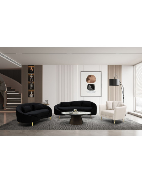 Canapé moderne Arrondi 3 places en Velours Noir Métal Doré Bois d'eucalyptus Oslo 