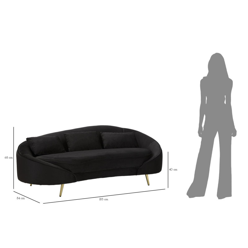 Canapé moderne Arrondi 3 places en Velours Noir Métal Doré Bois d'eucalyptus Oslo 