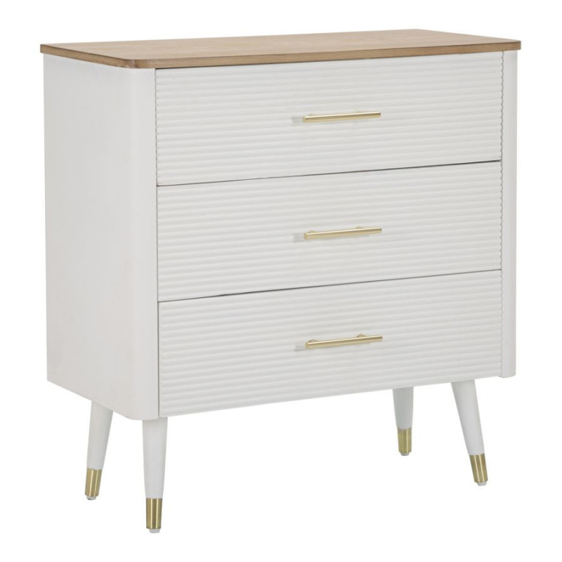Commode moderne 3 tiroirs en Bois de pin Blanc Naturel Métal Doré Matera 