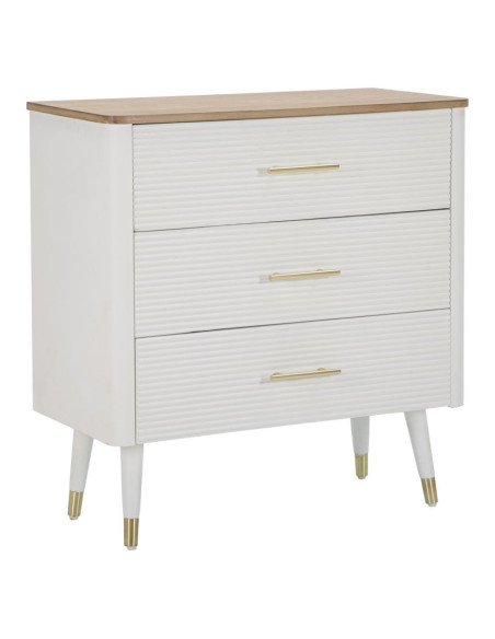 Commode moderne 3 tiroirs en Bois de pin Blanc Naturel Métal Doré Matera 