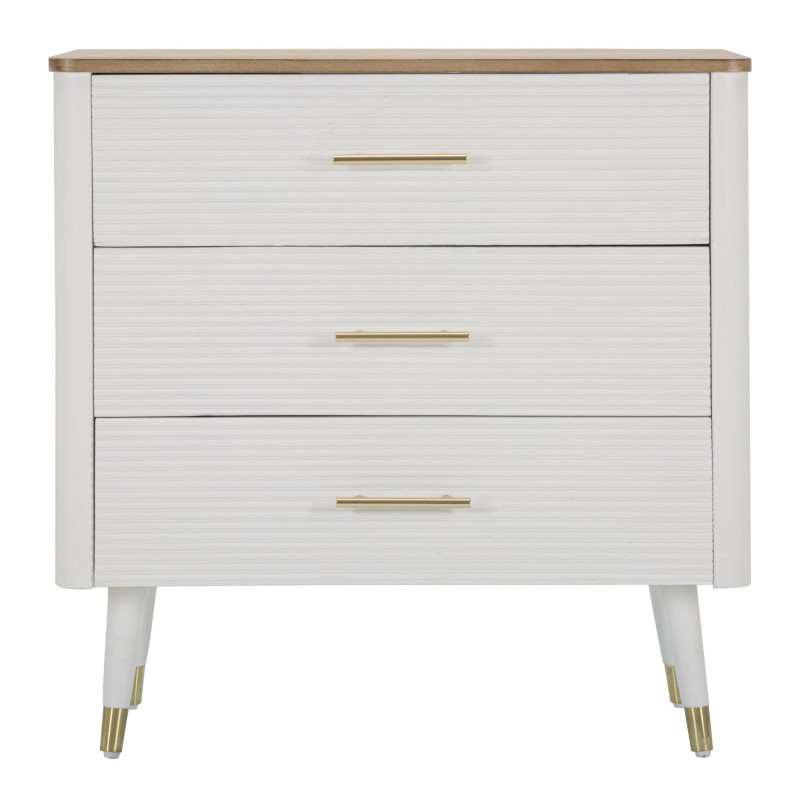 Commode moderne 3 tiroirs en Bois de pin Blanc Naturel Métal Doré Matera 