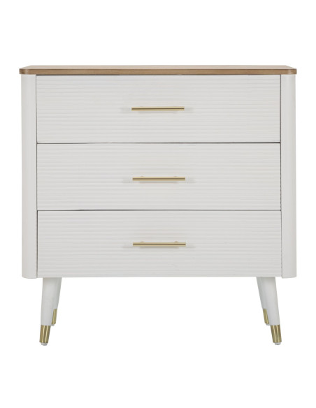 Commode moderne 3 tiroirs en Bois de pin Blanc Naturel Métal Doré Matera 
