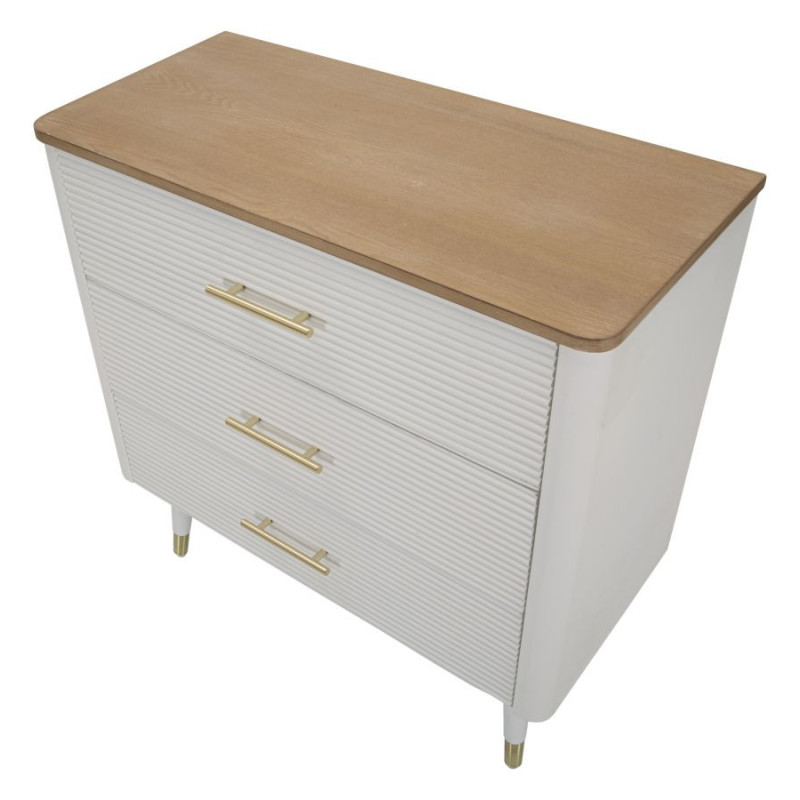 Commode moderne 3 tiroirs en Bois de pin Blanc Naturel Métal Doré Matera 