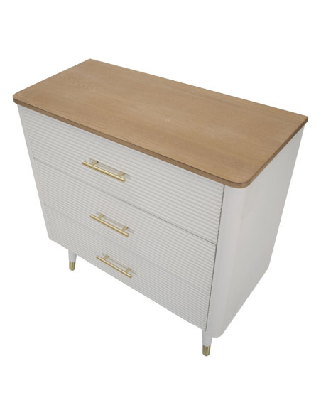 Commode moderne 3 tiroirs en Bois de pin Blanc Naturel Métal Doré Matera 