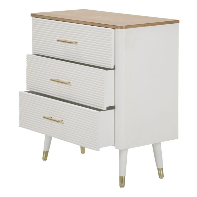 Commode moderne 3 tiroirs en Bois de pin Blanc Naturel Métal Doré Matera 
