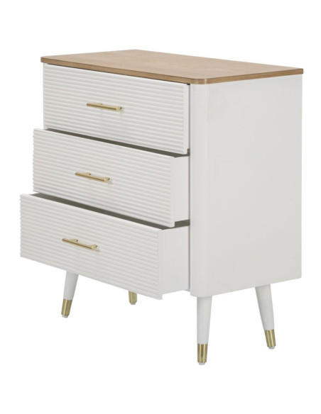 Commode moderne 3 tiroirs en Bois de pin Blanc Naturel Métal Doré Matera 
