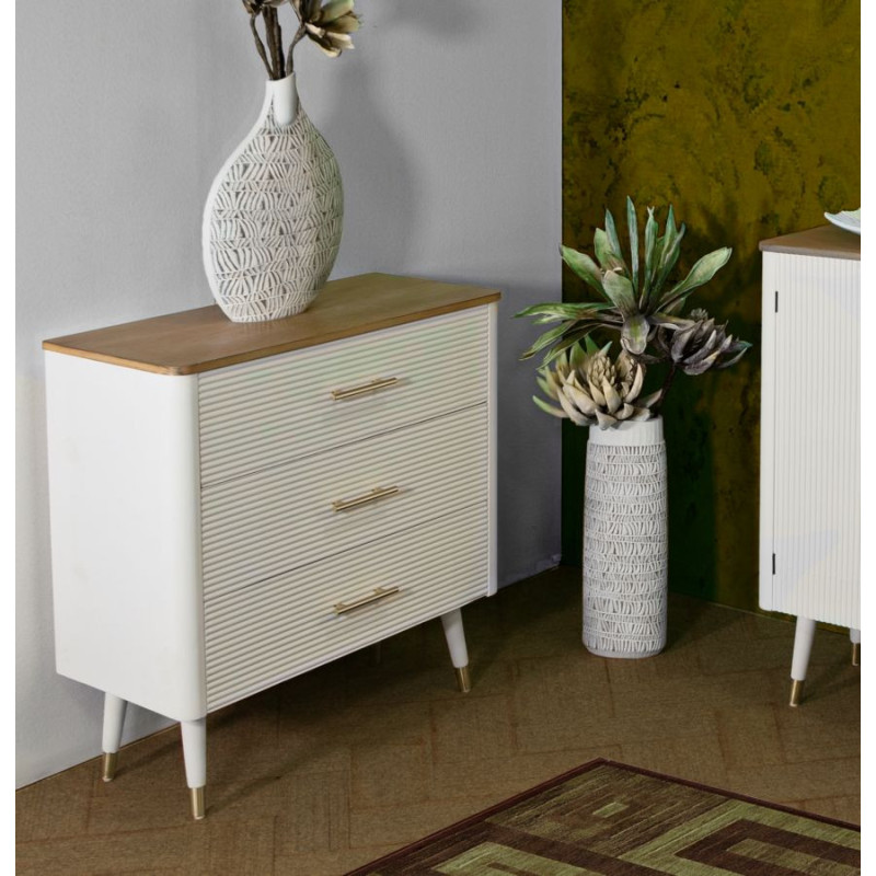Commode moderne 3 tiroirs en Bois de pin Blanc Naturel Métal Doré Matera 