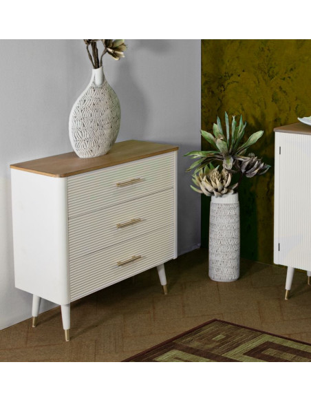 Commode moderne 3 tiroirs en Bois de pin Blanc Naturel Métal Doré Matera 