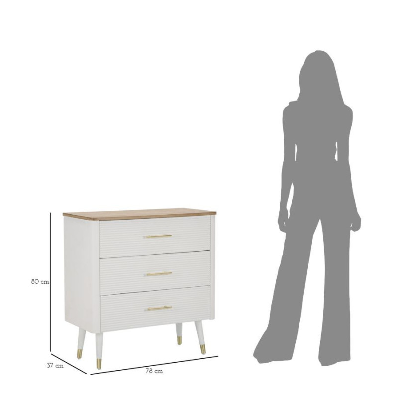 Commode moderne 3 tiroirs en Bois de pin Blanc Naturel Métal Doré Matera 