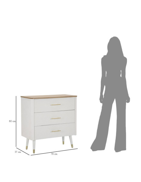 Commode moderne 3 tiroirs en Bois de pin Blanc Naturel Métal Doré Matera 