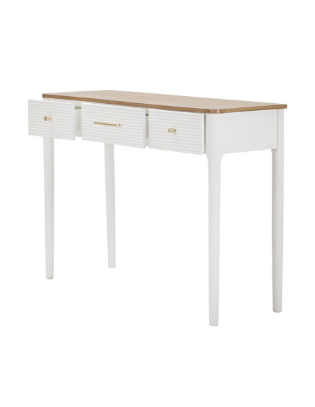 Console moderne Rectangulaire 3 tiroirs en Bois de pin Blanc Naturel Métal Doré Matera 