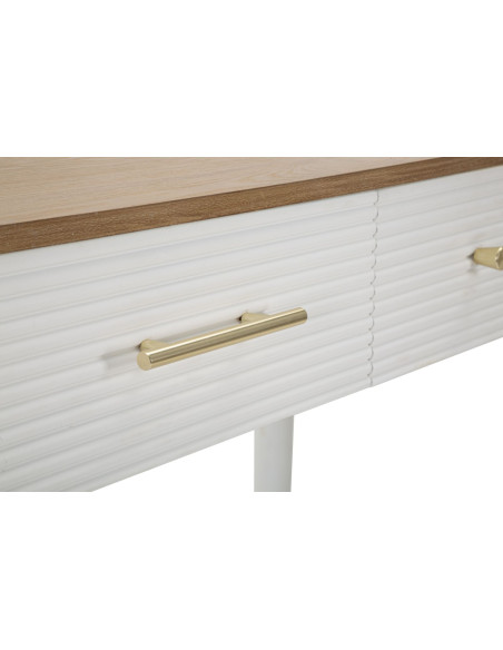 Console moderne Rectangulaire 3 tiroirs en Bois de pin Blanc Naturel Métal Doré Matera 