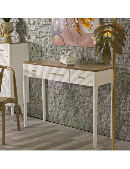 Console moderne Rectangulaire 3 tiroirs en Bois de pin Blanc Naturel Métal Doré Matera 