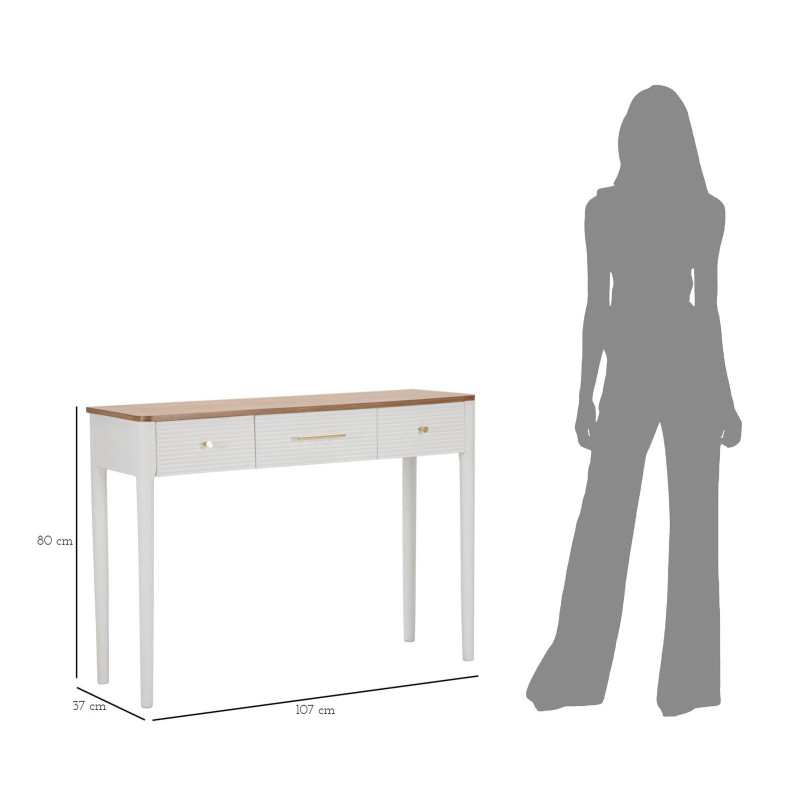 Console moderne Rectangulaire 3 tiroirs en Bois de pin Blanc Naturel Métal Doré Matera 