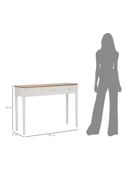 Console moderne Rectangulaire 3 tiroirs en Bois de pin Blanc Naturel Métal Doré Matera 