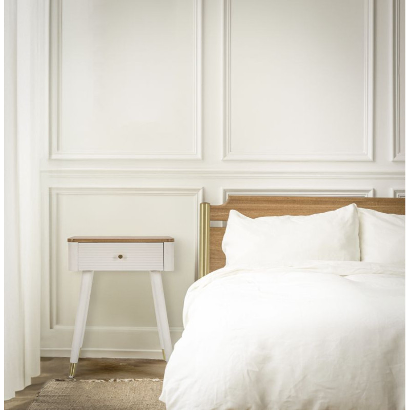 Chevet moderne 1 tiroir en Bois de pin Blanc Naturel Métal Doré Matera 
