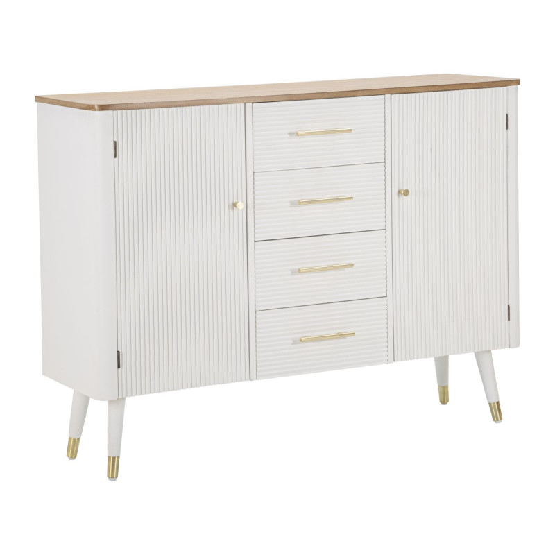 Buffet moderne Bas 2 portes 4 tiroirs en Bois de pin Blanc Naturel Métal Doré Matera 