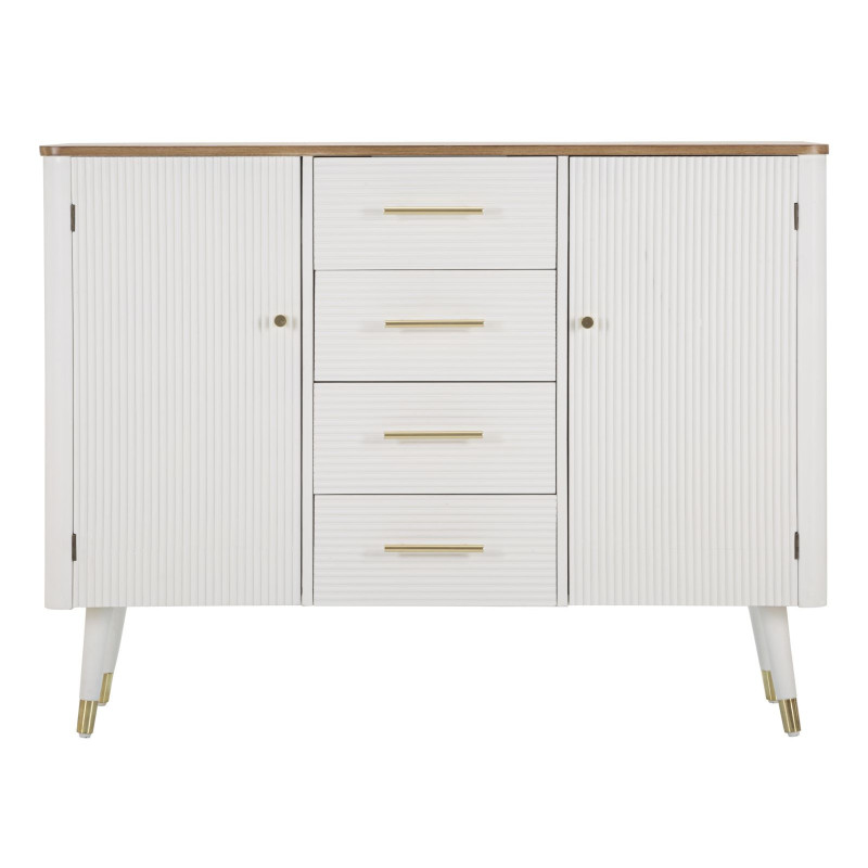 Buffet moderne Bas 2 portes 4 tiroirs en Bois de pin Blanc Naturel Métal Doré Matera 