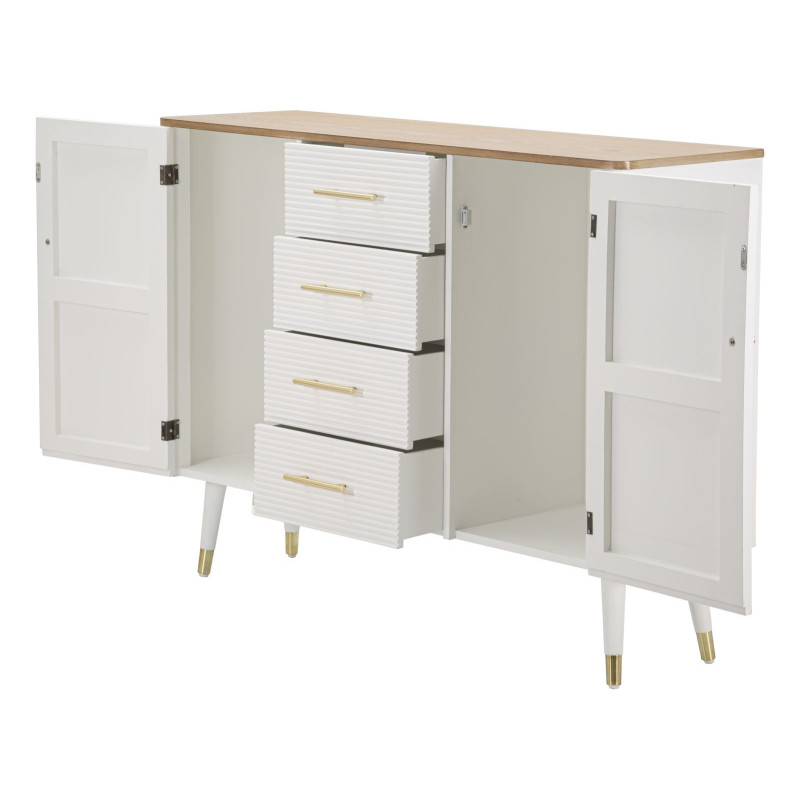 Buffet moderne Bas 2 portes 4 tiroirs en Bois de pin Blanc Naturel Métal Doré Matera 