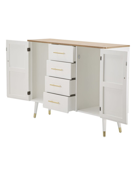 Buffet moderne Bas 2 portes 4 tiroirs en Bois de pin Blanc Naturel Métal Doré Matera 