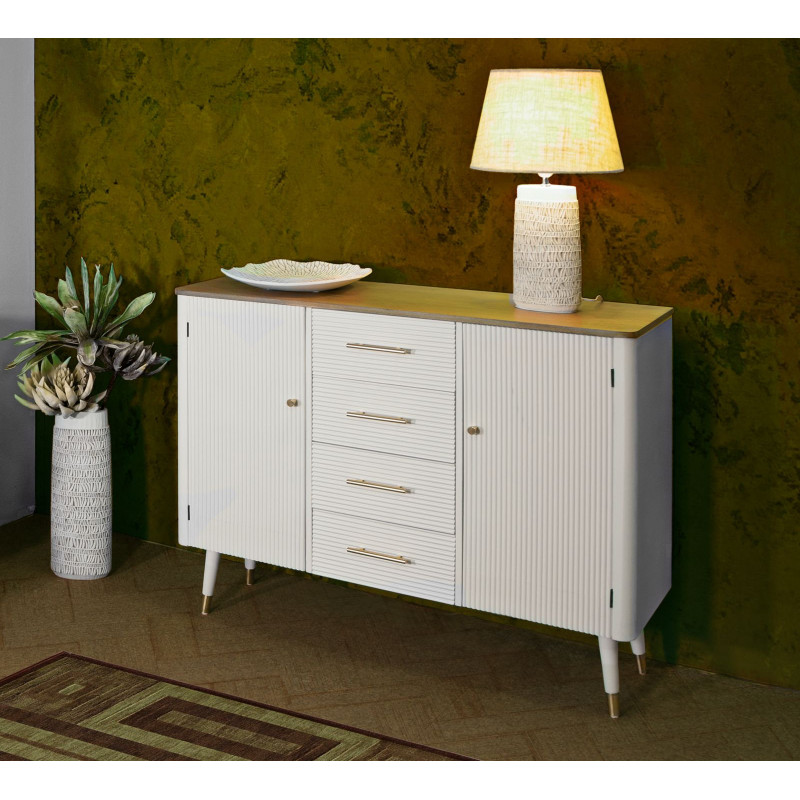 Buffet moderne Bas 2 portes 4 tiroirs en Bois de pin Blanc Naturel Métal Doré Matera 