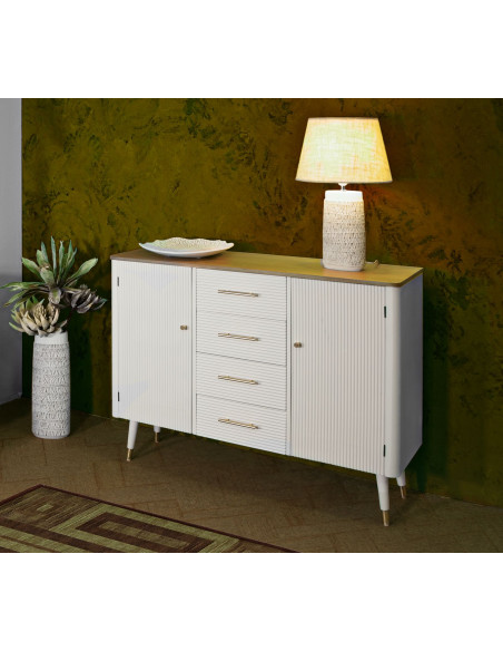 Buffet moderne Bas 2 portes 4 tiroirs en Bois de pin Blanc Naturel Métal Doré Matera 
