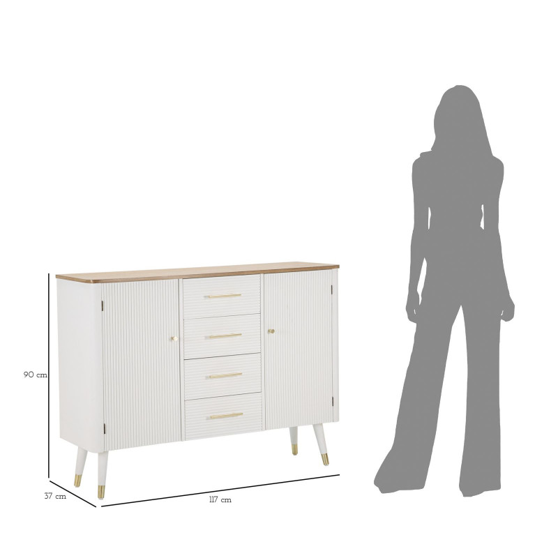 Buffet moderne Bas 2 portes 4 tiroirs en Bois de pin Blanc Naturel Métal Doré Matera 