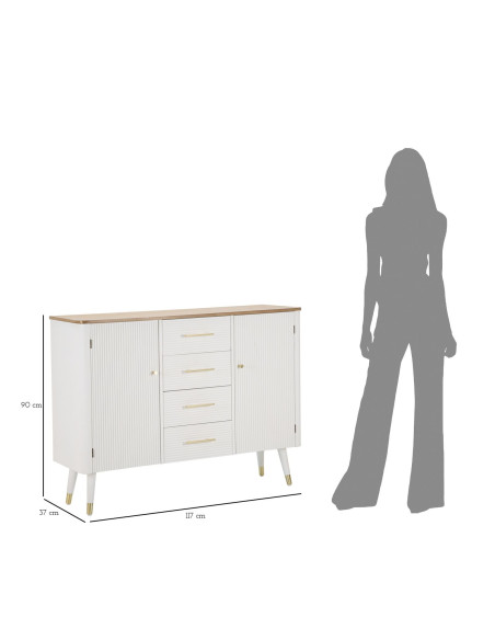 Buffet moderne Bas 2 portes 4 tiroirs en Bois de pin Blanc Naturel Métal Doré Matera 