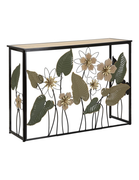 Console originale Rectangulaire en Métal Noir Bois Naturel Motif fleurs Spring 