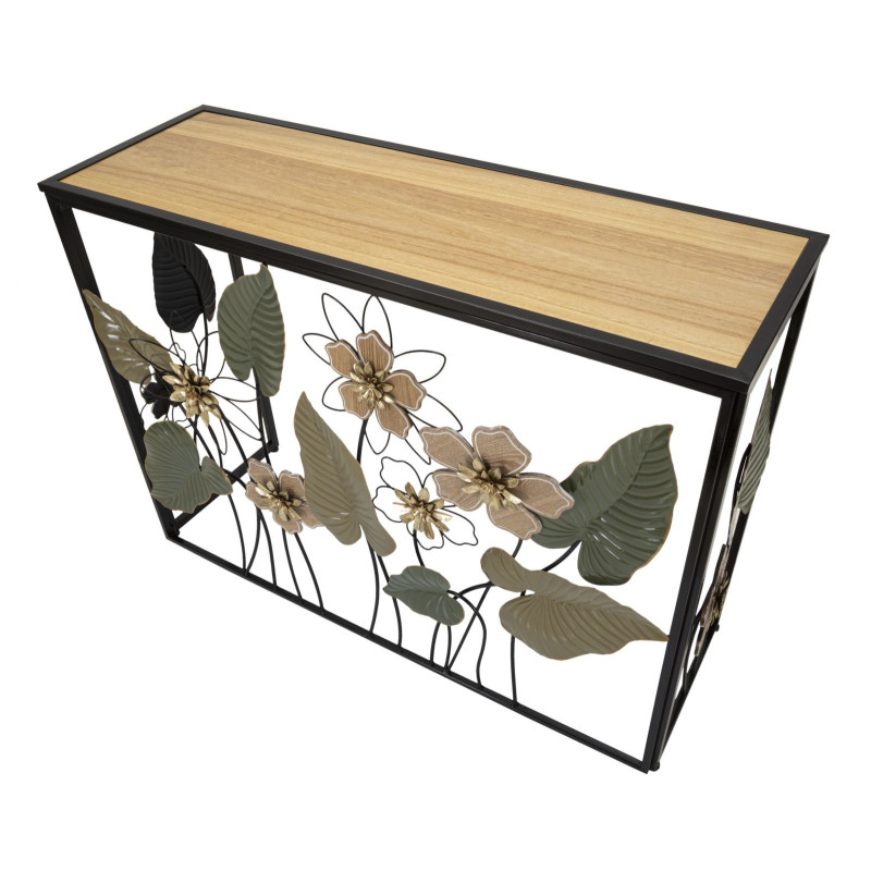 Console originale Rectangulaire en Métal Noir Bois Naturel Motif fleurs Spring 