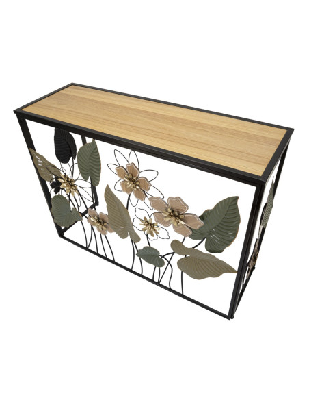 Console originale Rectangulaire en Métal Noir Bois Naturel Motif fleurs Spring 