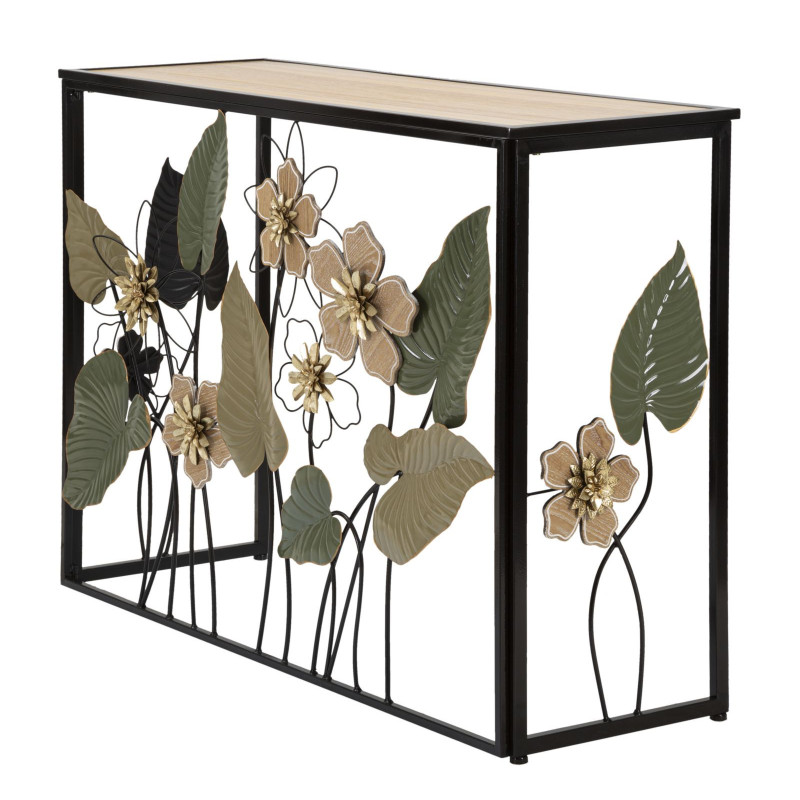 Console originale Rectangulaire en Métal Noir Bois Naturel Motif fleurs Spring 