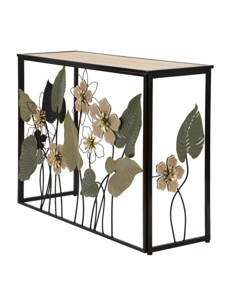 Console originale Rectangulaire en Métal Noir Bois Naturel Motif fleurs Spring 
