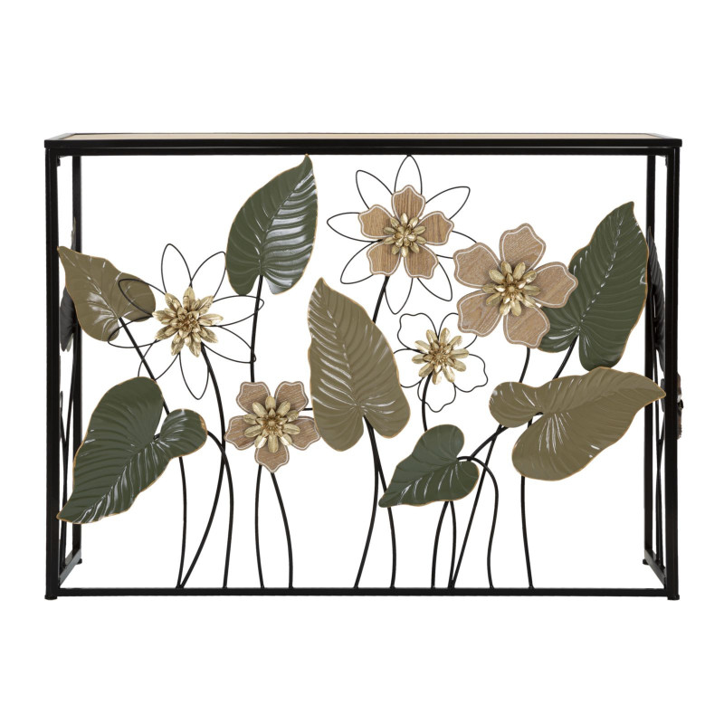 Console originale Rectangulaire en Métal Noir Bois Naturel Motif fleurs Spring 