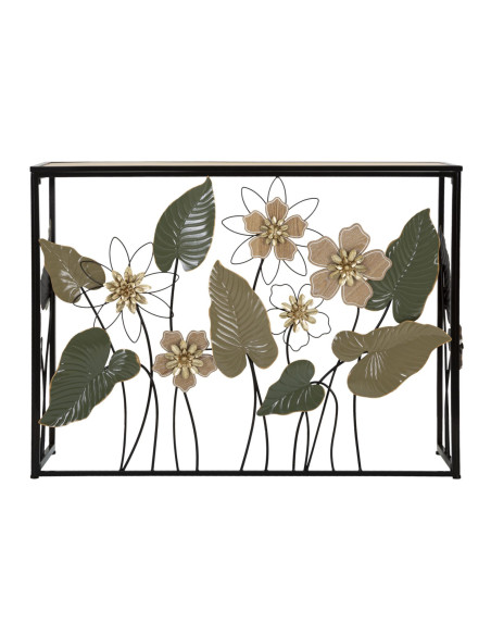 Console originale Rectangulaire en Métal Noir Bois Naturel Motif fleurs Spring 