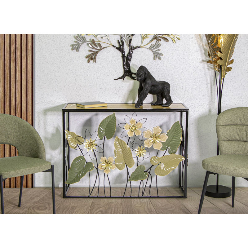 Console originale Rectangulaire en Métal Noir Bois Naturel Motif fleurs Spring 
