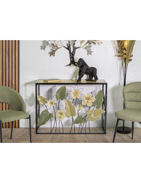 Console originale Rectangulaire en Métal Noir Bois Naturel Motif fleurs Spring 